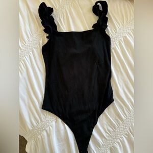 Elodie Women’s Black Ribbed Bodysuit, Ruffle Straps, medium